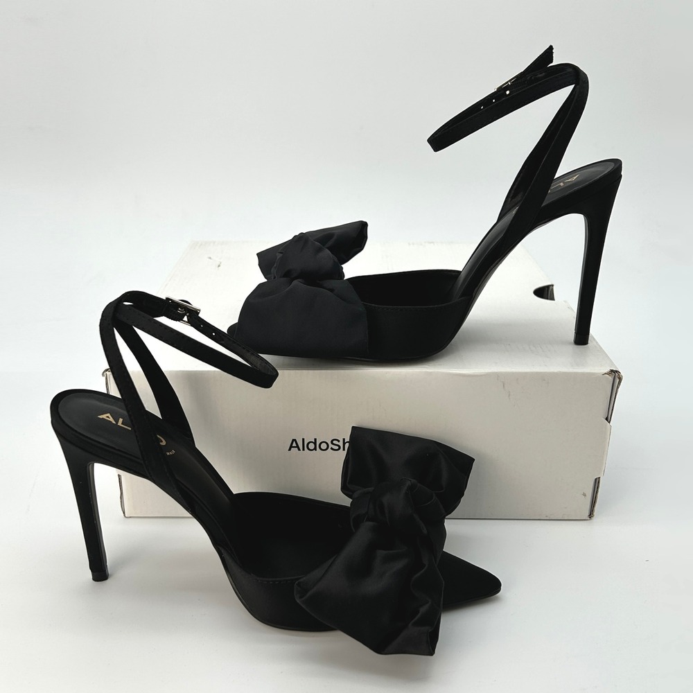 ALDO Nikky Strappy Stiletto Heels Womens Sz. 6.5 Black Satin Pointed Toe Bow NEW - Picture 2 of 7
